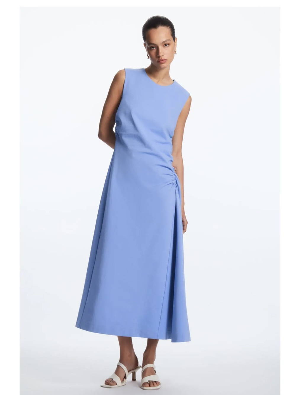COS Asymmetric Gathered Midi Dress Side Ruched Detail Sky Blue Size Medium